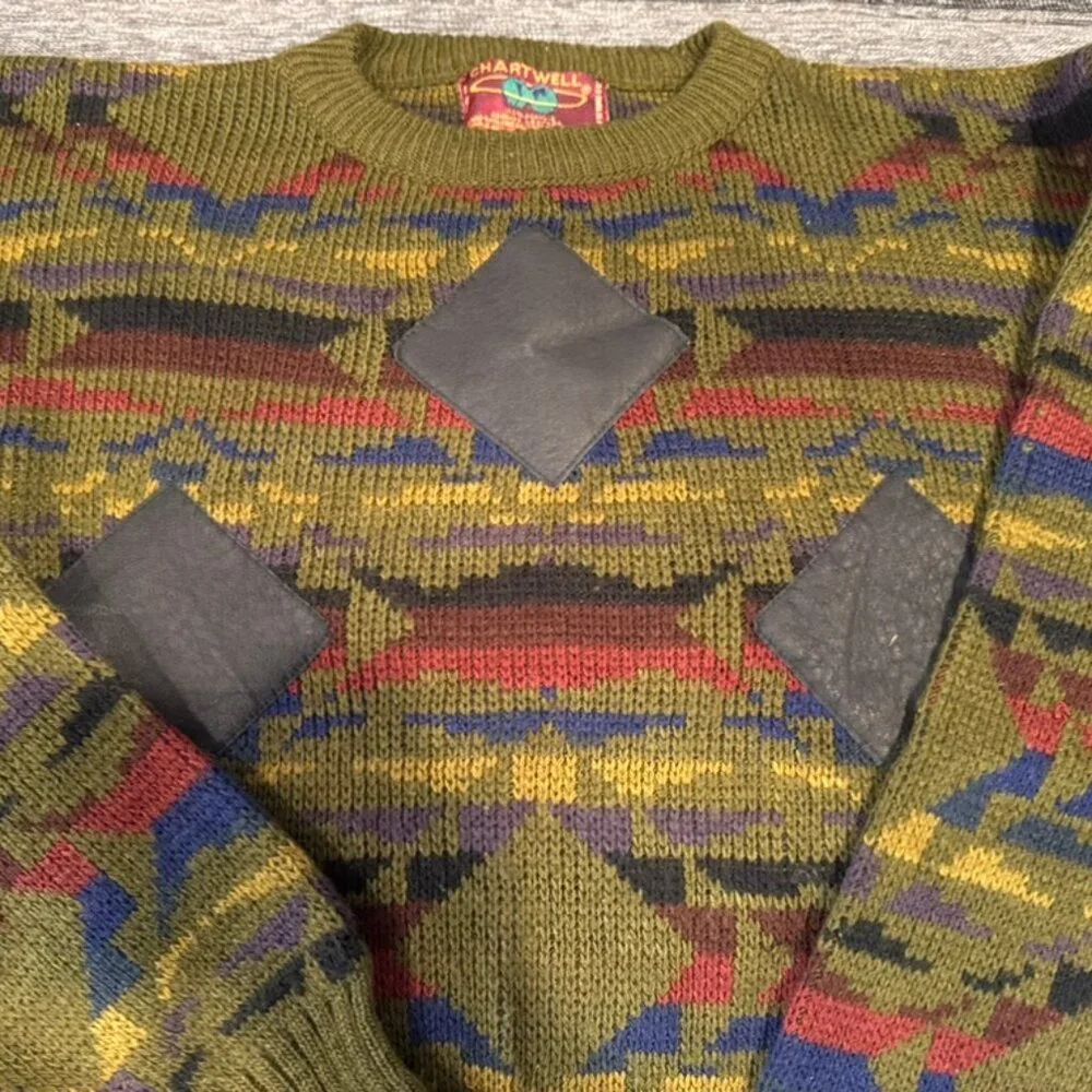 Vintage Gold Chartwell Sweater – Men’s Medium – Geometric Knit Leather Squares